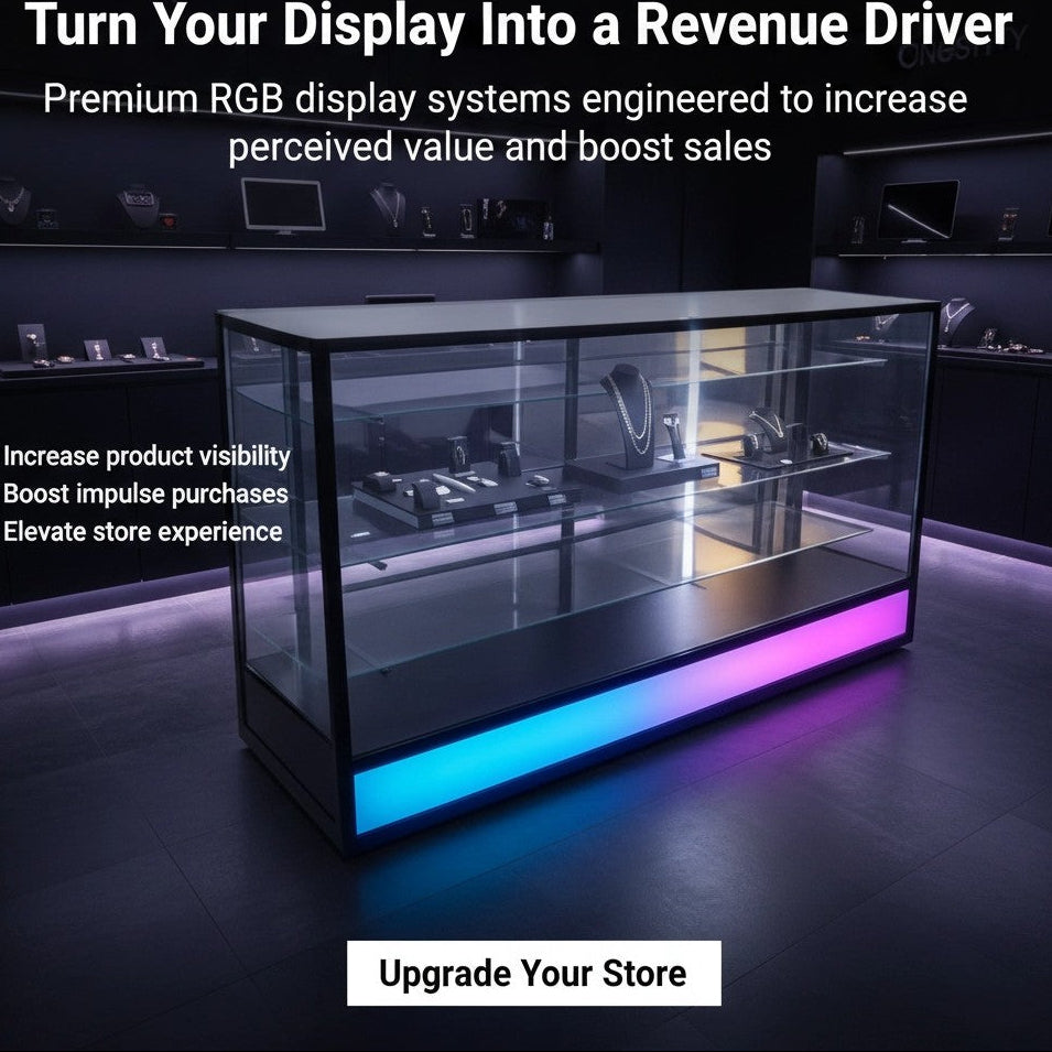 70” LED Retail Display Showcase with RGB Lighting | Large Glass Counter Display Case