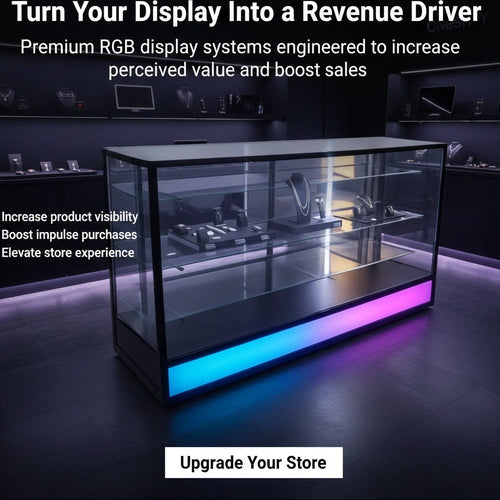 70” LED Retail Display Showcase with RGB Lighting | Large Glass Counter Display Case