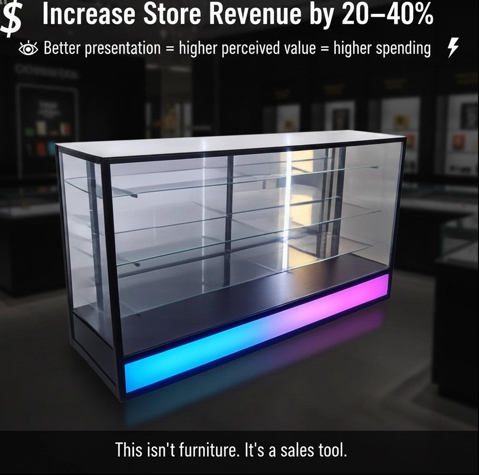 70” LED Retail Display Showcase with RGB Lighting | Large Glass Counter Display Case