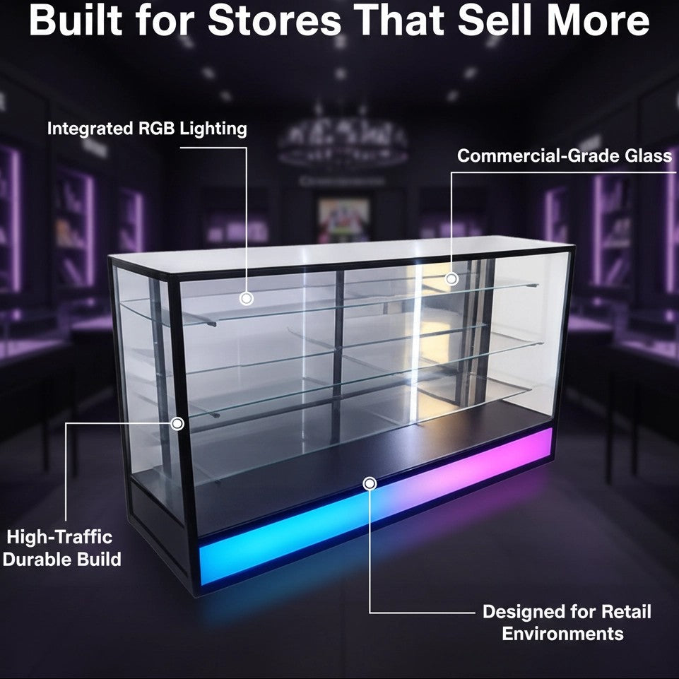 70” LED Retail Display Showcase with RGB Lighting | Large Glass Counter Display Case